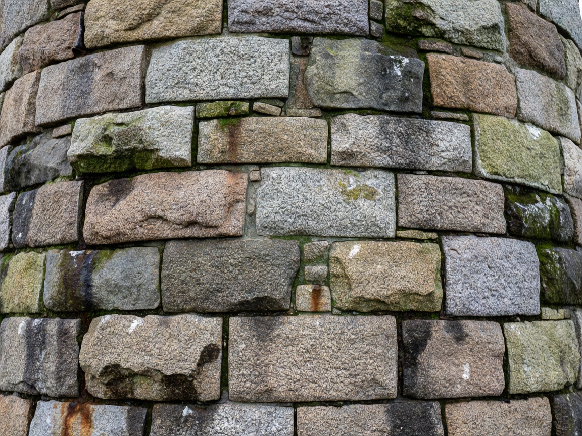 Close detail of historic granite masonry blocks on a coastal lighthouse tower