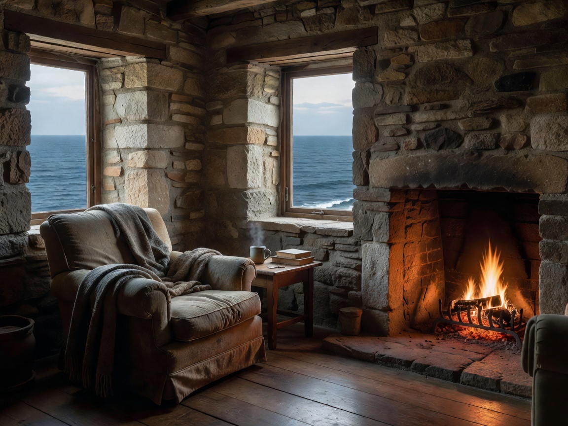 Cosy interior of a restored stone keeper cottage with deep sea-facing window embrasures