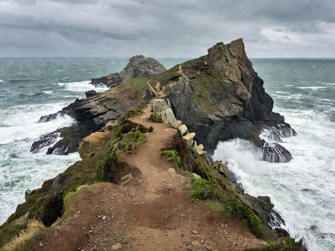Narrow dirt walking path hugging dramatic coastal headland cliffs
