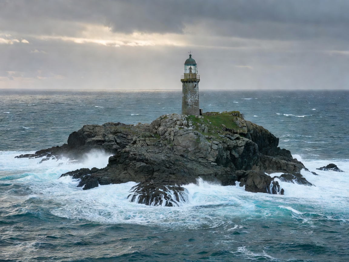 Remote rocky coastal island with a lighthouse surrounded by open ocean water