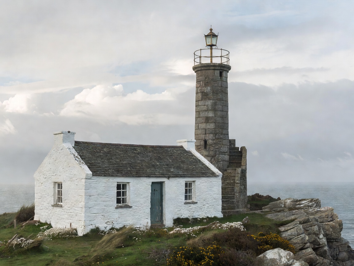 Restored whitewashed stone cottage adjoining a coastal navigation tower