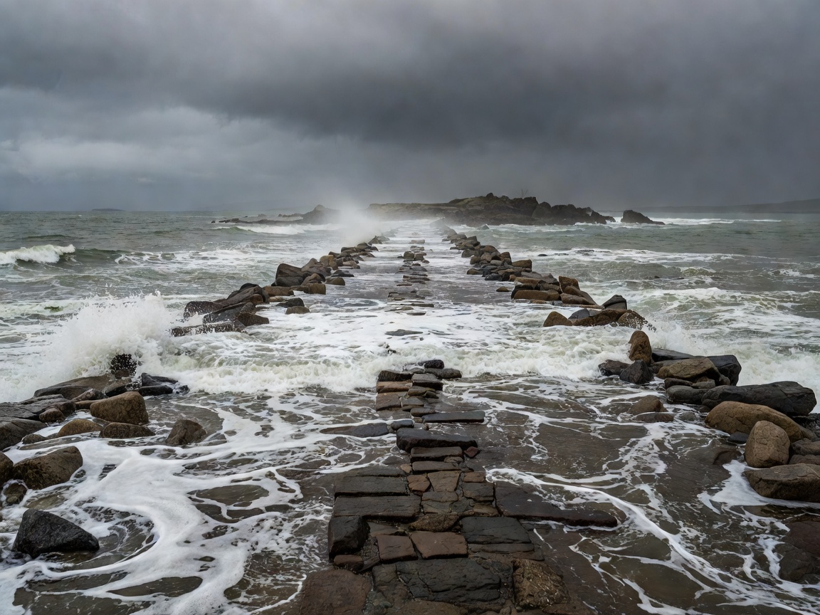 Rocky tidal causeway road partially submerged by rising ocean tide