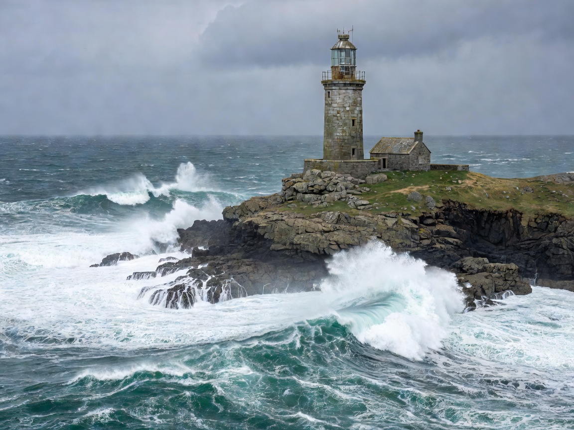Rugged coastal lighthouse situated on a rocky headland facing the rolling Atlantic ocean swell