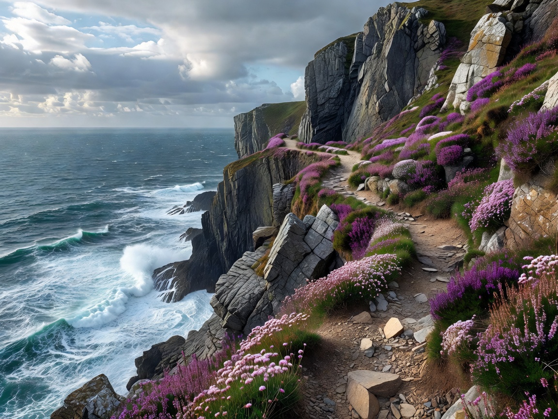 Scenic walking trail traversing steep coastal cliffs with maritime thrift and heather in bloom