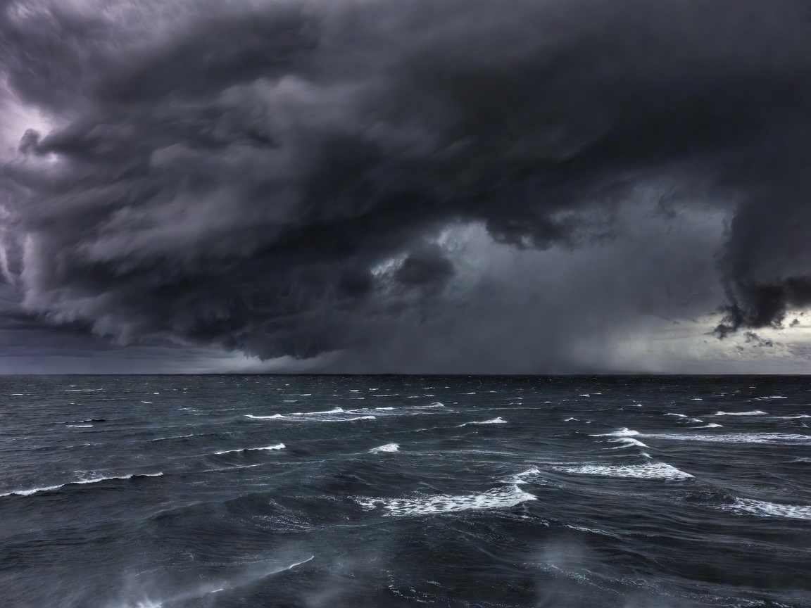 Storm clouds moving rapidly across an expansive coastal sea horizon