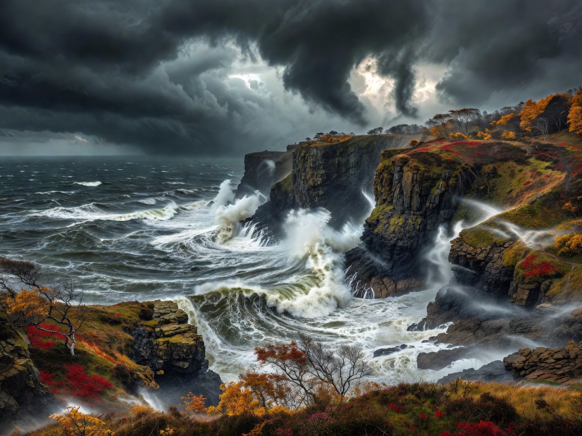 Storm waves crashing against high sea cliffs during autumn Atlantic weather